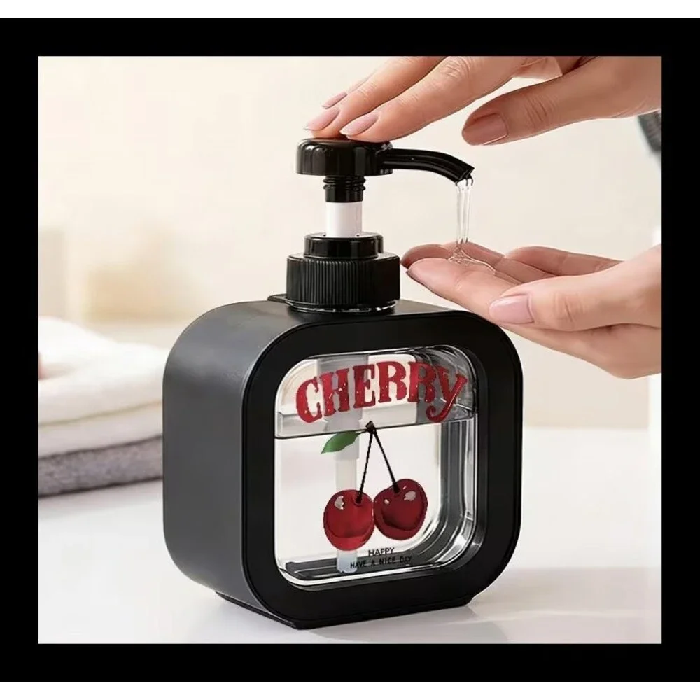 Black Plastic Soap Dispenser with Cherry Design